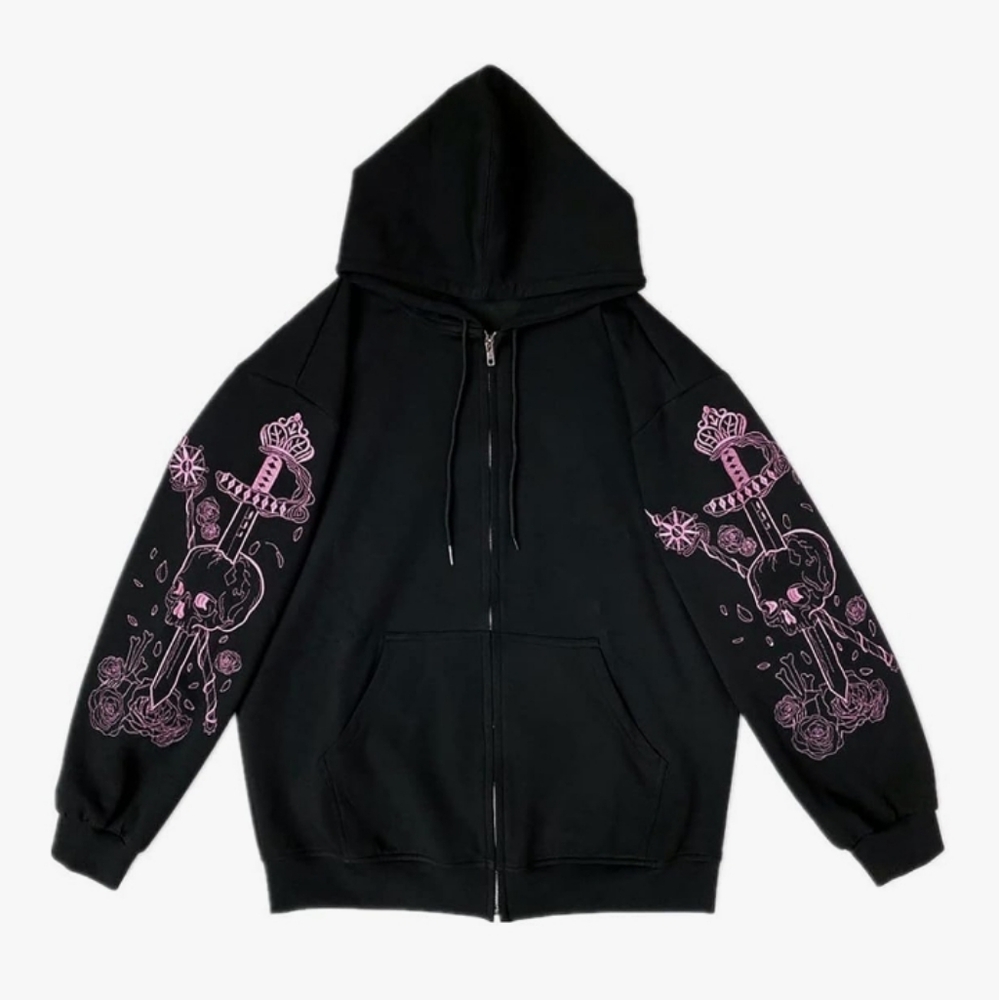 NCDUANSAN Black Full Zip Hoodie With Pink Skull  Print Size Large NWOT
